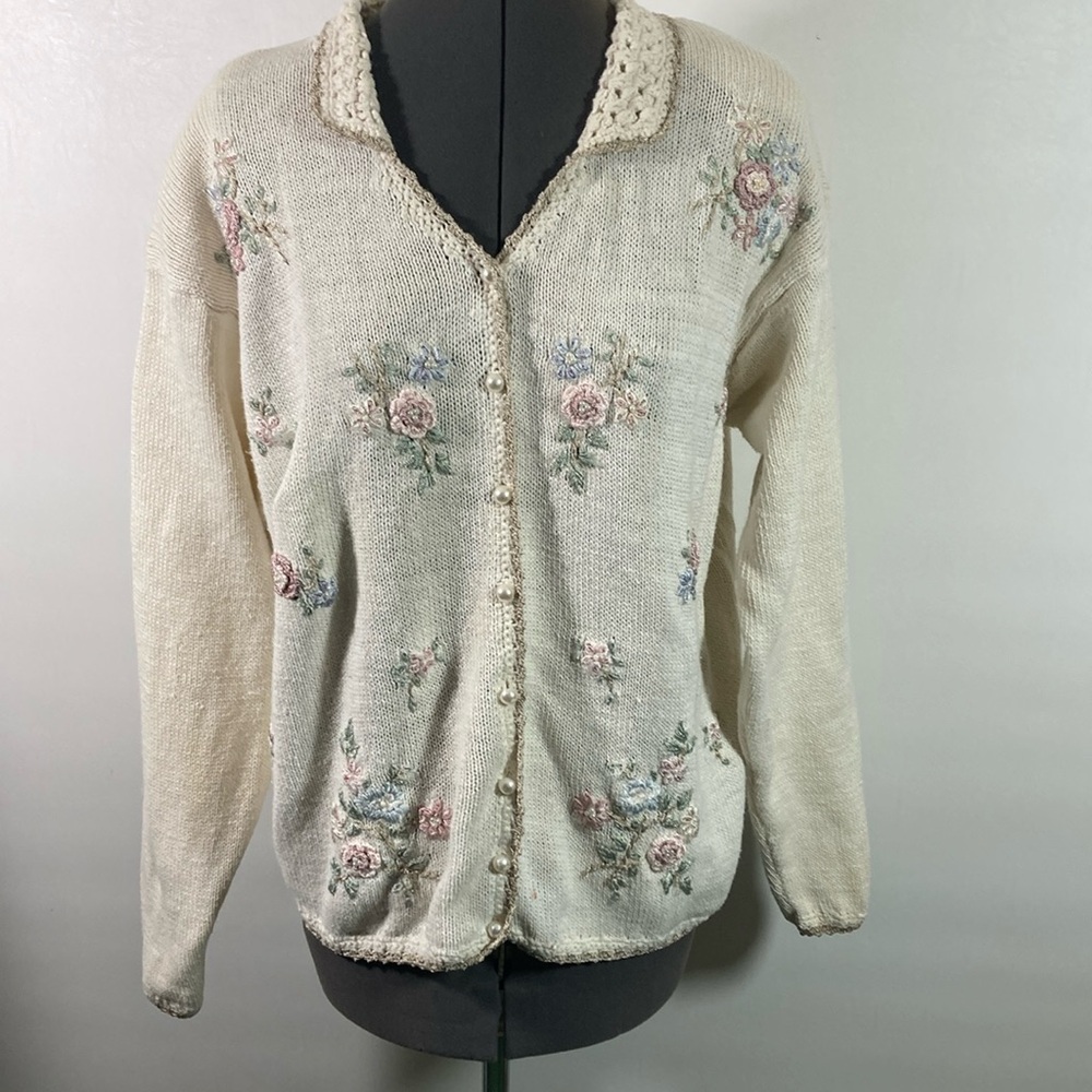 Yarnworks Sweater Women Size XL Off White Embroidery & Crochet Button Front